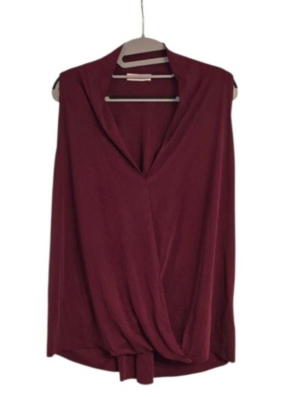 Blues and Greys Copper Blend Draped V Neck Blouse Tank Top Sz L Burgundy Maroon